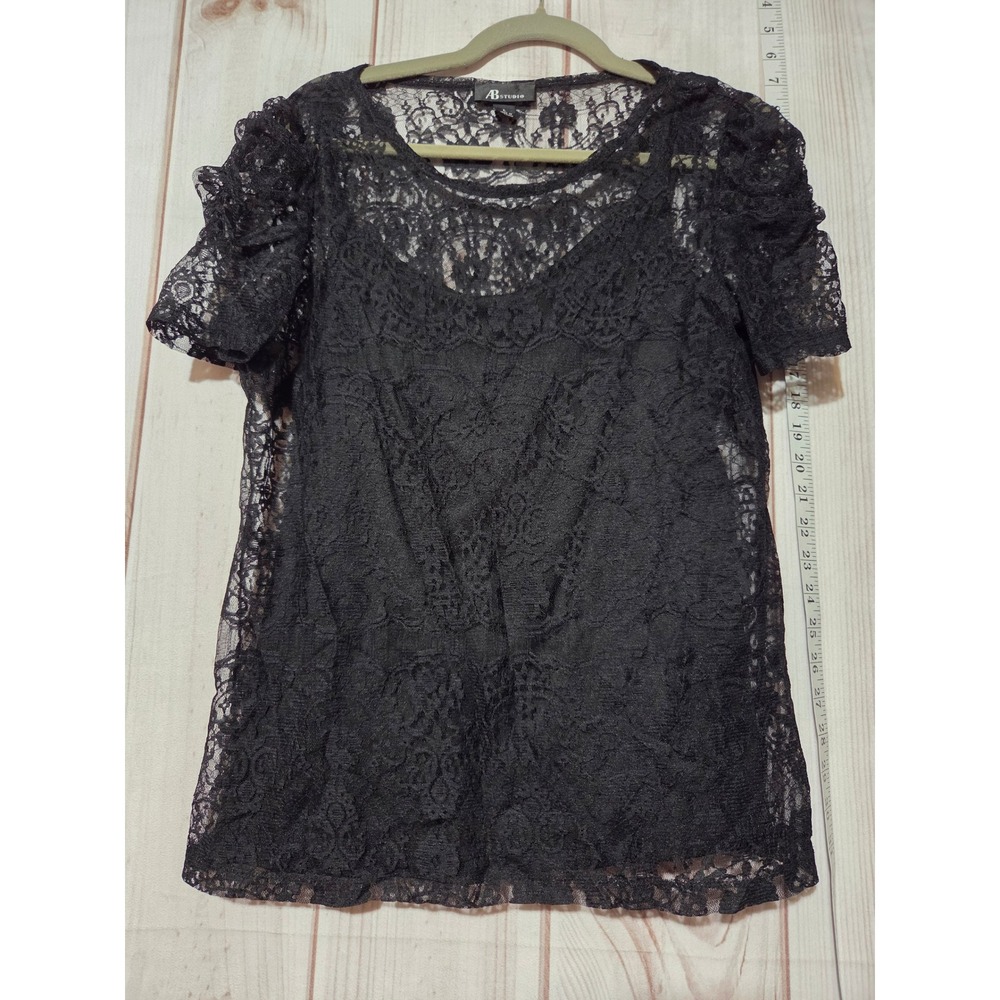 AB Studio Ladies Large Black Lace‎ Short Sleeve Lined Blouse Elegant Sheer Top